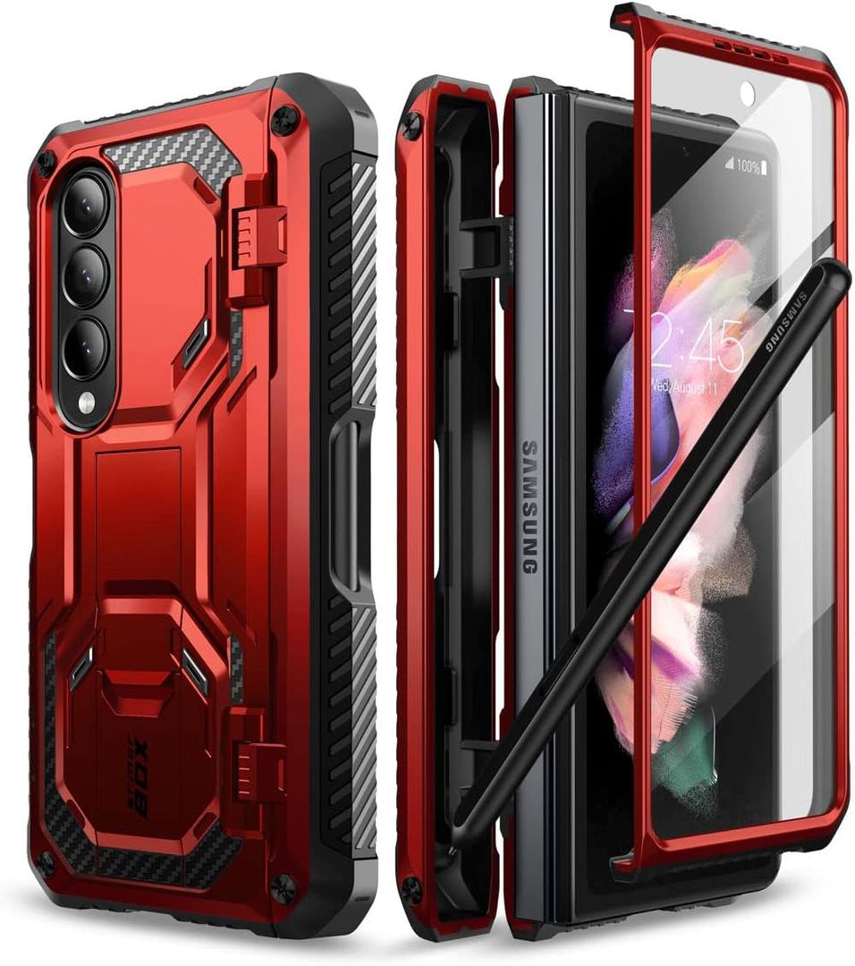 i-Blason Armorbox Designed for Samsung Galaxy Z Fold 4 Case (2022 Release) with Pen Holder & Kickstand, Full Body Protective Bumper Case with Built-in Screen Protector (Ruddy)