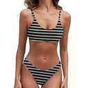 Fanuerg Women's Ribbed Bikini Sets Scoop Neck Cheeky Swimsuit Textured Two Piece Bathing Suit Black White Stripe, XL
