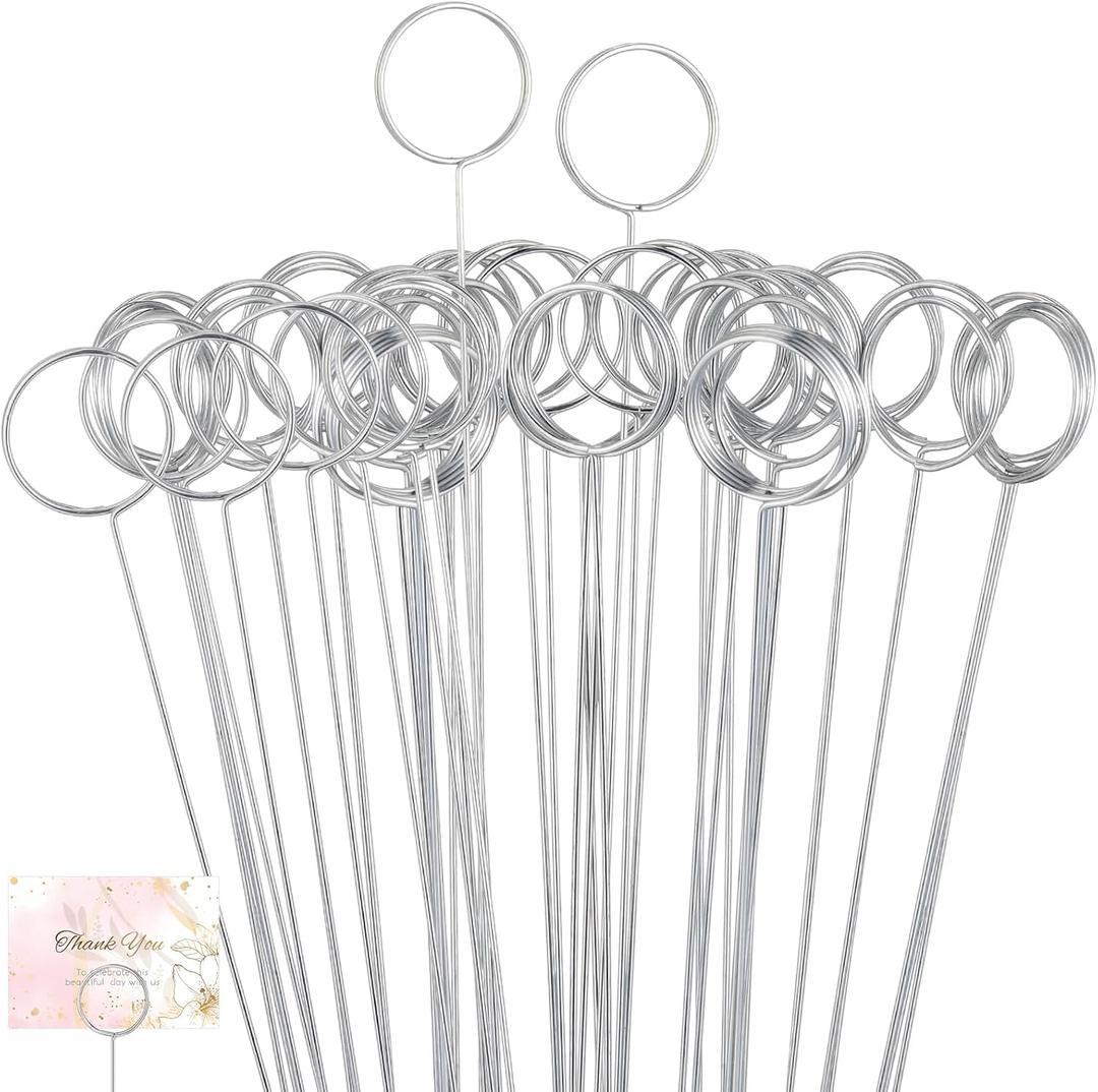 Hotop 30 Pcs Floral Card Holder Pick Metal Wire Flower Place Card Stick 13.4 in Picture Photo Memo Holder Round Floral Gift Stick Clip for Centerpiece Table Wedding Baby Shower Party Favor (Silver)