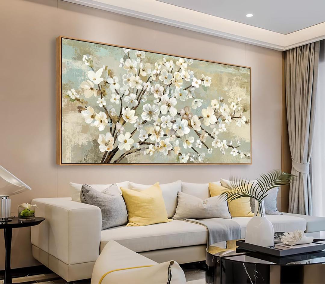 arteWOODS Flowers Framed Wall Art - Beige Flower Branches Canvas Pictures Wall Decor Rustic Brown Botanical Painting Artwork Elegant Floral Prints for Living Room Bedroom 58 x 29in Natural Wood Frame