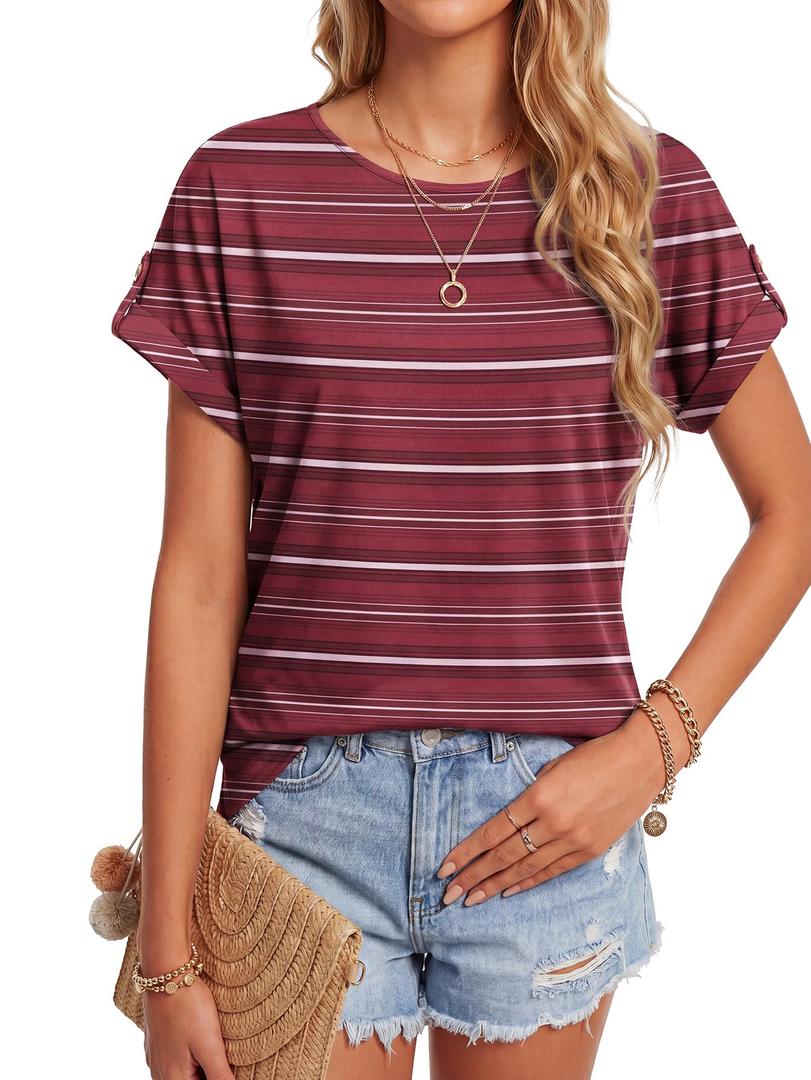 KIFOVEN Womens Summer Tops Short Sleeve Tunic T-Shirt Dressy Casual Blouse Side Split Round Neck Tee Shirts Flower-1 Small (Pink, S)
