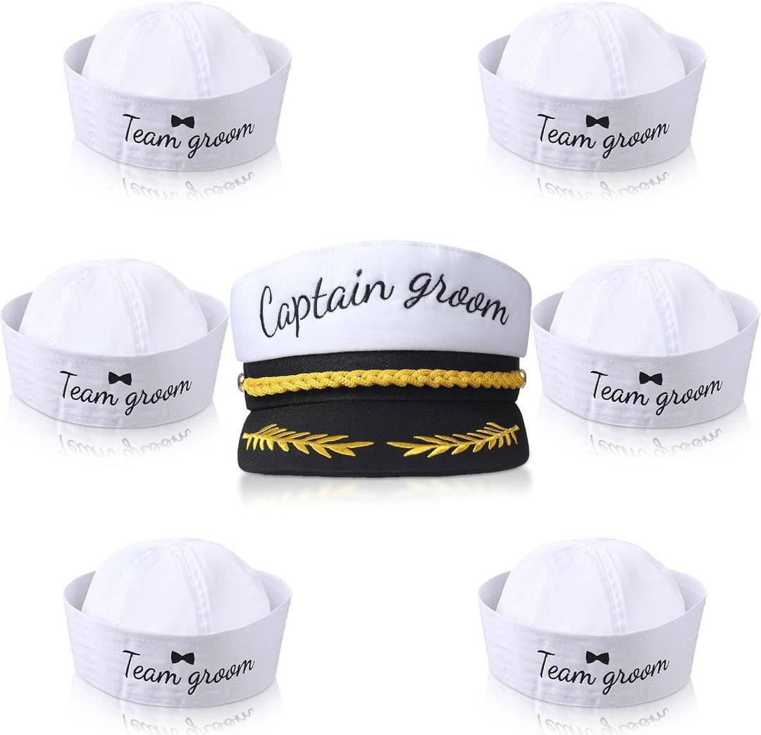 JaGely 7 Pcs Bachelor Party Favors Accessories Include 1 Captain Groom Hat and 6 Groom Sailor Hat Bachelor Party Decorations