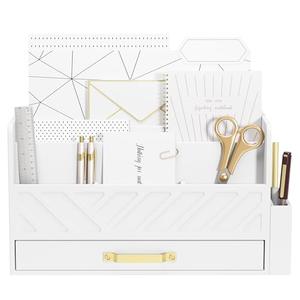 WISUCART Bamboo Desk Organizer Mail Holder Countertop Wood Desk Drawer Tabletop Storage Box Pen Holder Letter Sorter Makeup Organizer for School Home Office Supplies with Pen Holder White