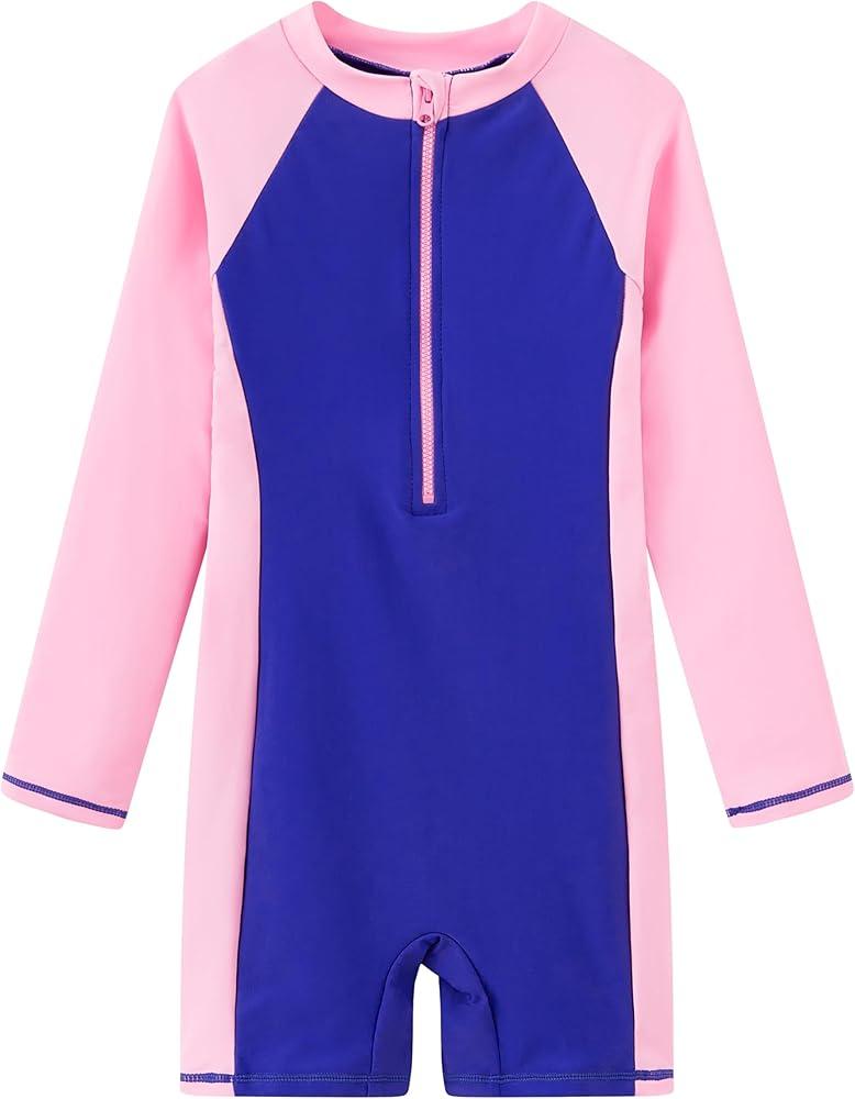 Girls Rash Guard Long Sleeve One Piece Swimsuits Zipper Bathing Suits UPF 50+ Sun Protection Swimwear  (7-8 Years, Purple Pink)