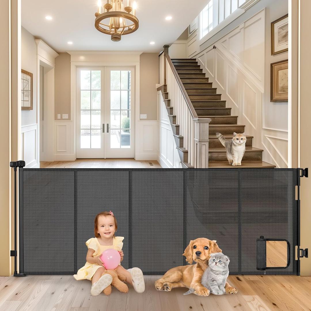 Reinforced 90 Extra Wide Retractable Pet Gate with Cat Door 33 Inch Tall Mesh Baby Gate Retractable Dog Gates for Doorways Extra Wide Baby Gates for Large Openings with Reinforced Strips, Black