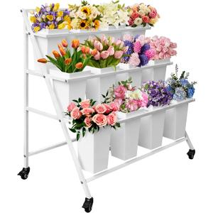 PROLEE Flower Display Stand with 12 Buckets, Flower Cart 3 Layers, Flower Stand Metal with Wheels, Moving Florist Bouquet Shelf, Triangular Rack, White