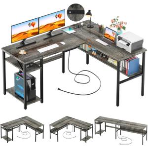 Unikito Reversible L Shaped Desk with Magic Power Outlets and USB Charging Ports, Sturdy Corner Computer Desk with Storage Shelves, Gaming Desk for Home Office, Easy to Assemble, Black Oak, Without LED Light