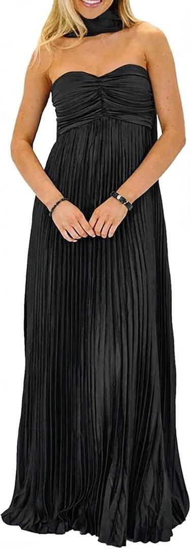 Women Bridesmaid Dresses with Scarf Strapless Pleated Flowy Solid Long Formal Wedding Guest Dress Womens Fall Dresses (Black, L)