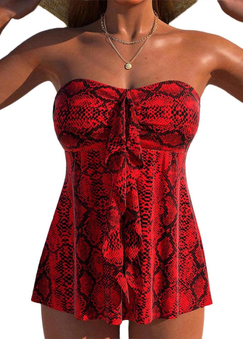 ROSEWE Two Piece Tankini Bathing Suits for Women, Removable Halter Flyaway Swimsuits, Bandeau Top with Briefs (Red, L)