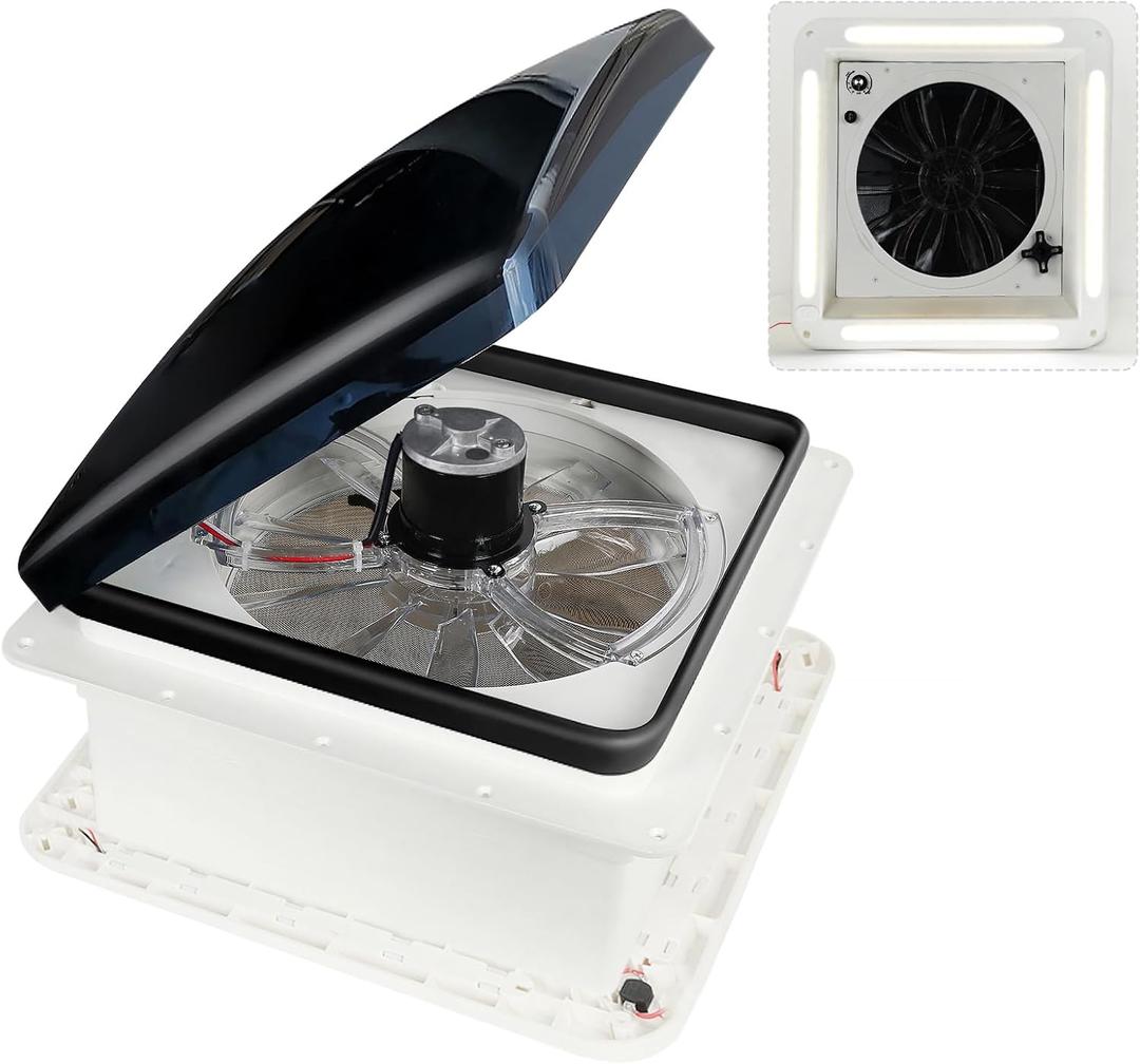RV Roof Vent Fan with LED Light, 12V DC 14" Super Quiet Reliable Manual RV Roof Fan, 3-Speed, Reversible, 14in