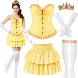 JaGely 5 Pcs Princess Fairy Costume for Women Corset Tops Skirt Headband Gloves Socks Adult Dress Carnival Role Play Party (Medium, Yellow)
