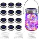 VOOKRY 12 Pack Solar Mason Jar Lights, 30 LED Mason Jar Lids Waterproof Firefly Fairy String Lights with 12 Hangers(No Jars), for Outdoor Patio Garden Yard Lawn Party Wedding Decoration - Multicolor