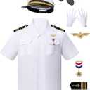 8PCS Yacht Captain Sailor Costume Adult Shirt with Hat Epaulets Gloves Accessories Set for Halloween and Role Playing (X-Large, White)