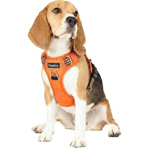 Funfox Dog Harness No Pull, Adjustable Pet Vest Harness, Super Soft Material with Vertical Handle Easy Control, Reflective Night Walking, 2 Leash Clips for Medium Sized Dogs, Orange, M