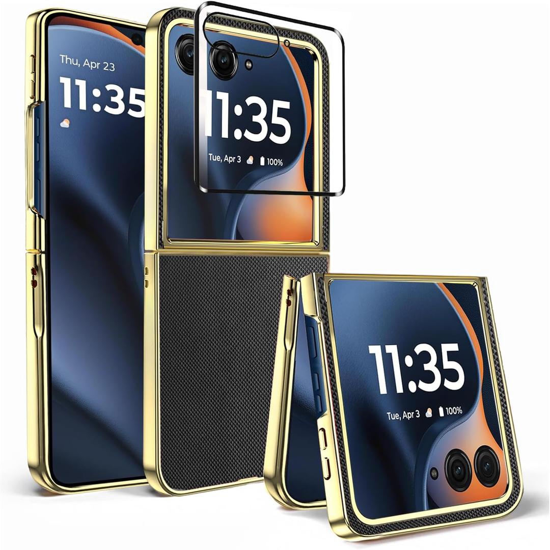 Case for Motorola Razr 2025 Plus/2024 Ultra Case,with screen protector,grain leather back cover,Military grade drop resistance,hard PC,Ultra durable protective case for razr 2025 plus,Silver Gold