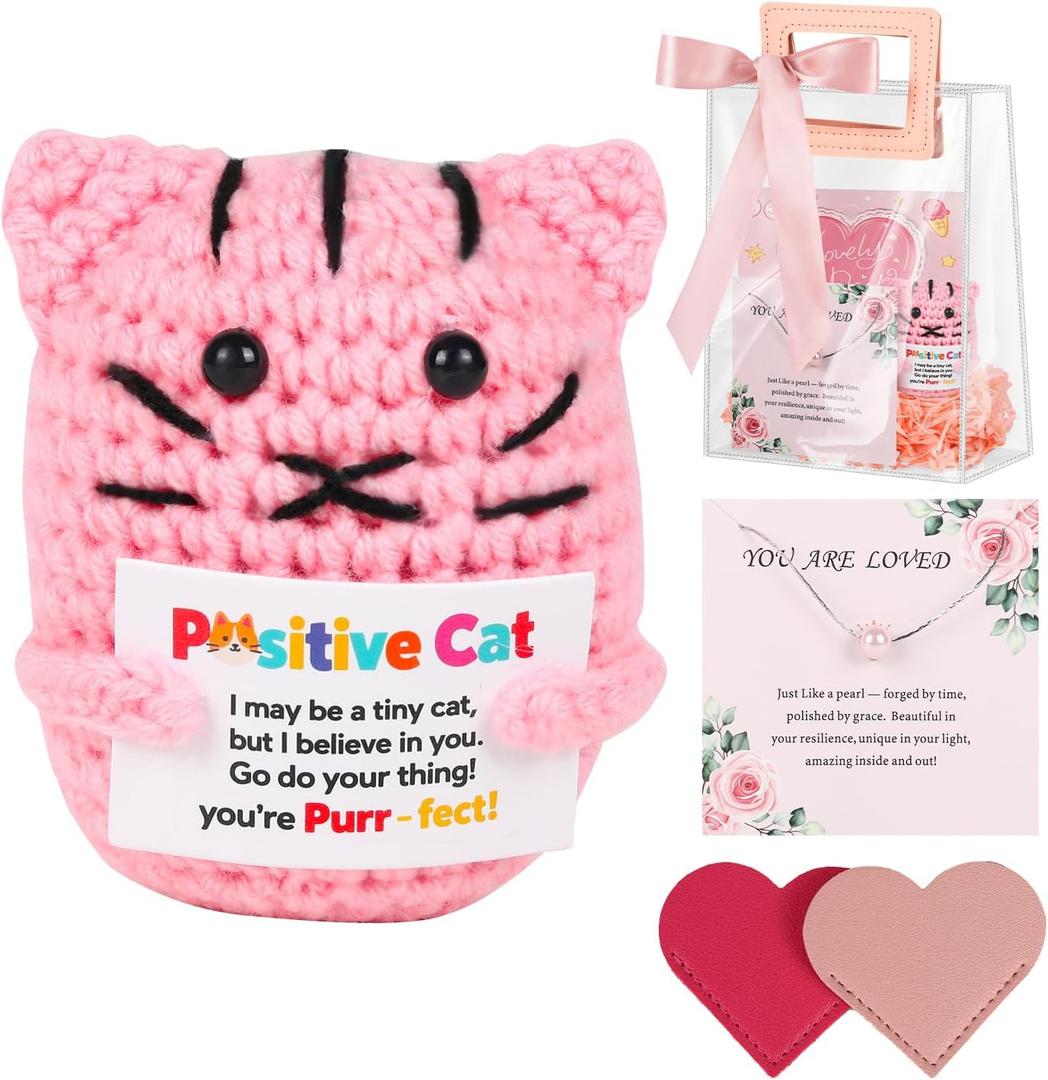 SEAPANHE Positive Crochet Cat Gift Set with Pendant Necklace, Heart Bookmarks & Encouragement Card  Portable Emotional Support Plush, Stress Relief Mini Toy for Women, Teens & Cat Lovers