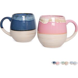 Bosmarlin Large Ceramic Coffee Mugs Set of 2, 21 Oz, Dishwasher and Microwave Safe, Big Oversized Cup with Handle for Wome/Men, Reactive Glaze (Deep Blue&Pink)