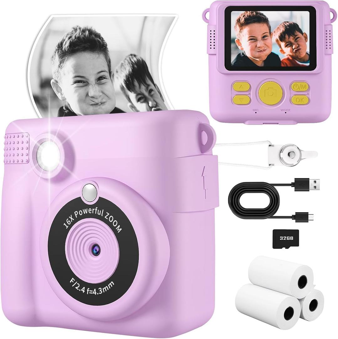 Kids Camera Instant Print, Safe Toddler Camera, HD Digital Cameras 16X Digital Zoom & 32G SD Card, 2.4Screen Instant Print Cameras for Kids, 4 5 6 7 8 9 10 Year Old Girl & Boy Birthday Gifts, Purple