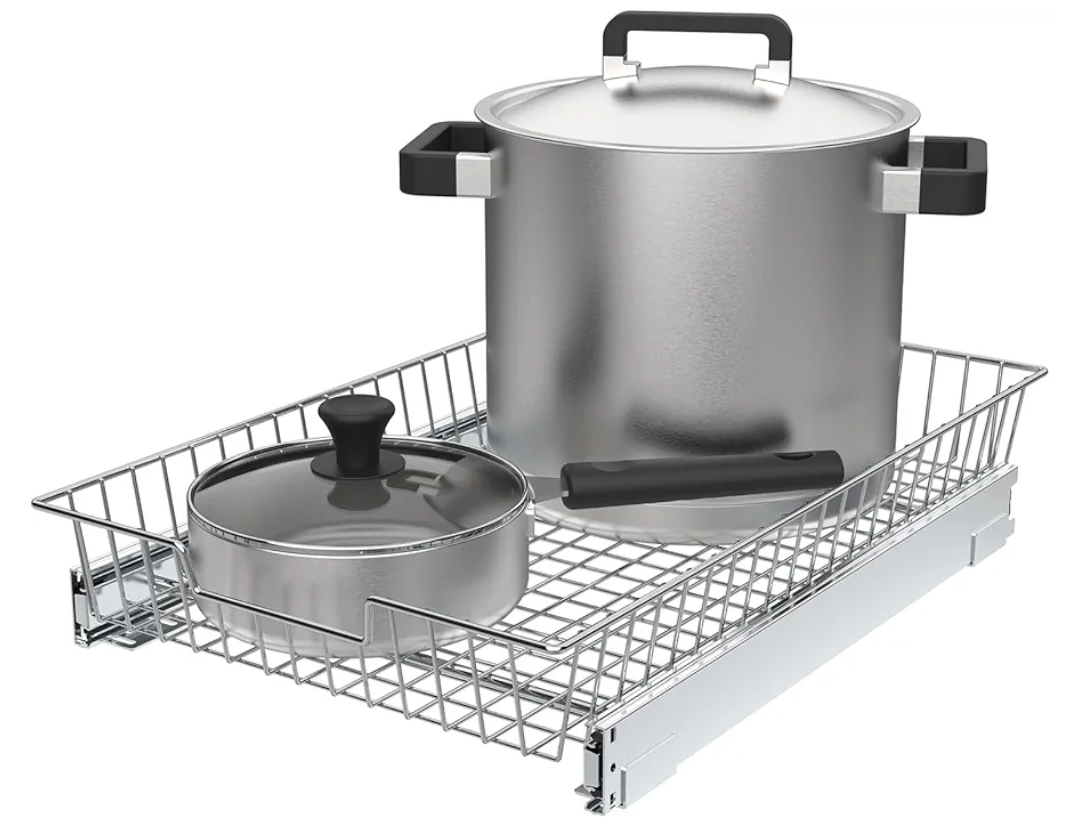 Pull Out Cabinet Organizer, 11”W x 21”D - Requires At Least 12” Cabinet Opening, Heavy Duty Metal Wire Cabinet Drawers Slide Out For Kitchen, Bathroom, Chrome