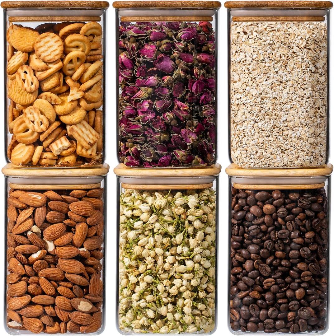 Xoniwis 37oz 6PCS Glass Storage Containers with Lids, Glass Jars with Lids Pantry Food Storage Jars, Square Canister For Cookie, Nuts, Snack, Cereal, Candy, LeafTea, Coffee, Spice