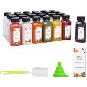 OBKJJ Plastic Juice Bottles 150 pcs 8 oz Empty Plastic Water Bottles with Caps Reusable Clear Beverage Containers for Drinking, Juicing, Smoothie, Water with 2 Brushes, 2 Funnels, 160 Stickers (8 OZ)