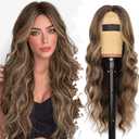 Eawwii Brown Blonde Highlight Wig for Women Long Wavy 4x1 Lace Natural Hairline Glueless for Beginners Middle Part Synthetic for Daily Party Use 26Inch