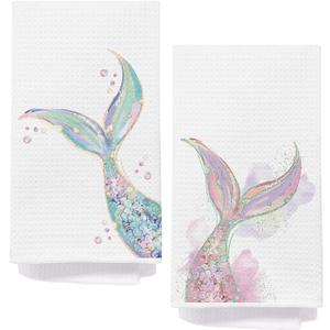 Mermaid Bathroom Decor Hand Towels, Mermaid Gifts for Girls Women, Girls Bathroom Decor, Pink Blue Glitter Tail Decorative Hand Towels, Coastal Beach Ocean Kitchen Towels, 16x24 Inch Set of 2