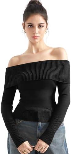 SUUKSESS Women Off Shoulder Sweaters, Long Sleeve, Ribbed Knit Going Out Fall Tops Blouse, Size Large