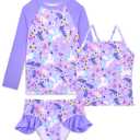 Girls Tankini Swimsuit Size 3t 4t Purple Flower Horse 3 Pieces Rash Guard Set with Ruffle Bottom (Purple)
