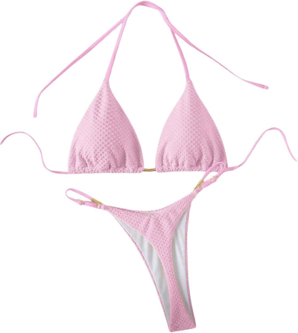 GORGLITTER Women's Thong Bikini Sets Halter Triangle Top High Cut Thong Bikini Bottom Swimsuit Bathing Suit Summer Beach (Pink, S)