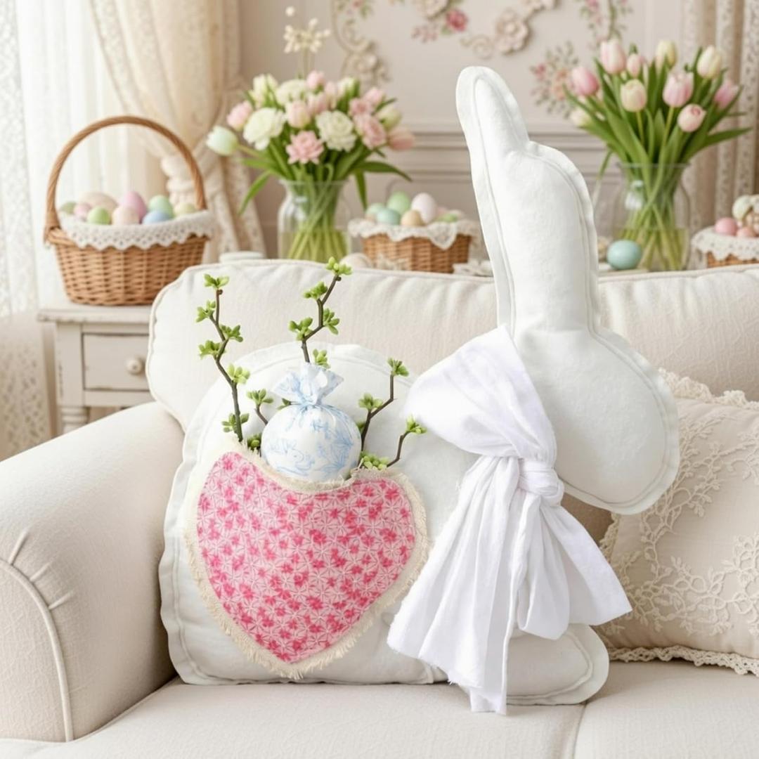 Civaner Easter Bunny Throw Pillow Felt Rabbit Shaped Decorative Pillows with Pink Heart and Removable Carrots Easter Decoration Cushion for Room Couch Sofa Bed Farmhouse Spring Decor 20 X15.7 Inches