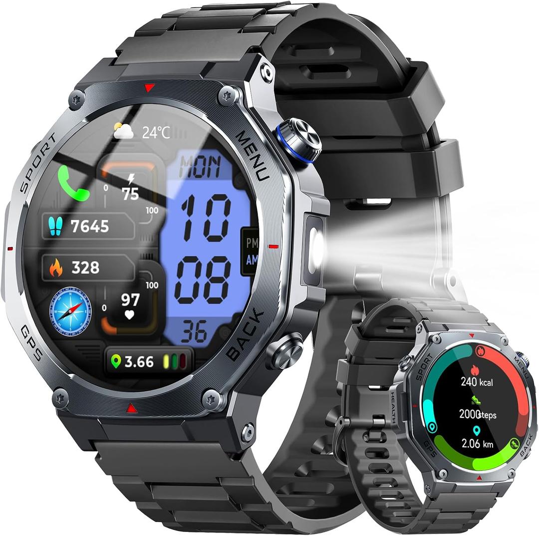 Military Smart Watch for Men with Dual-Band GPS, 5ATM Waterproof, 1.43 AMOLED Fitness Watch, Heart Rate Blood Oxygen Sleep Monitor, 160+ Sport, Bluetooth Calling Smartwatch for Hiking Running Outdoor