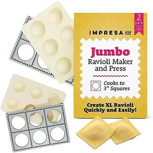 IMPRESA Jumbo Ravioli Maker & Press - Pack of 2, White 2.5-Inch - 12 XL Pasta Squares & Pasta Making Kit - Dishwasher-Safe Plastic & Manual Dough Maker