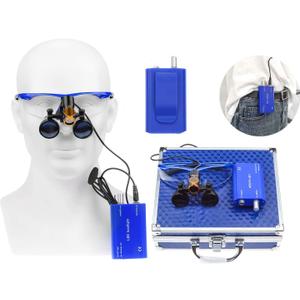 Blue 2.5X420MM Loupes Magnifier +5 Headlight Plug in Clip Head Light with Filter Aluminum Box 008.