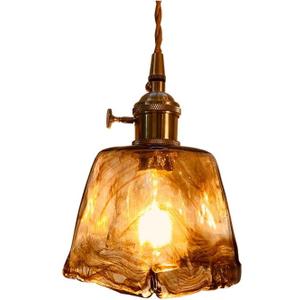 Vintage Amber Glass Pendant Light with Brass Gold Socket E26 Holder and Switch,Adjustable Cord Caramel Coffee Hanging Ceiling Lamp for Kitchen Island Dining Room Bedroom (A)