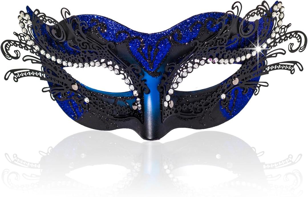 BCARICH 2025 New Masquerade Mask for Women, Metal Filigree Venetian Mask with Sparkle Rhinestone for Mardi Gras (Blue)
