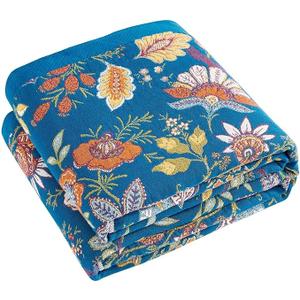 XIBLC Summer Throw Blanket, 80"x90" Reversible Bohemian Flower Blanket, 100% Cotton Muslin Breathable Woven, Farmhouse Decorative Throw Blanket, Color: V-blue Throw