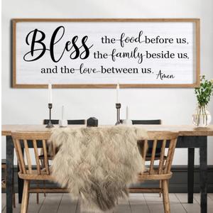 Bless the Food Before Us, the Family Beside Us, and the Love between us Framed Wall Art for Dining Room, 40''×15'' Holy Positive Religious Rustic Bible Verse for Christian God Jesus Christ Prayer