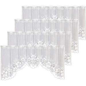 WUBODTI 4 Pcs White Sheer Swag Valance Curtains for Kitchen Windows, Floral Embroidered Lace Window Valances Hollow Knitted Short Curtains for Small Windows Bathroom Living Room Decor, 63 Wx24 H