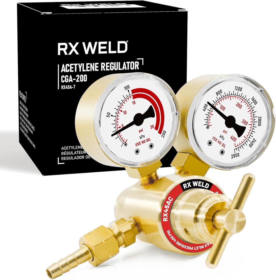 RX WELD Acetylene Regulator CGA-200 Welding Gas Gauges Rear Inlet With 9/16"-18 Outlet and Hose Connector, T-Handle