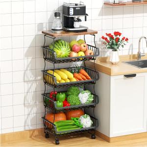 Gsiekare Fruit Vegetable Basket for Kitchen, 5 Tier Stackable Fruit Vegetable Storage Baskets with Wheels, Metal Wire Storage Basket Organizer Baskets for Kitchen, Pantry, Bathroom (Black With Wooden Top)