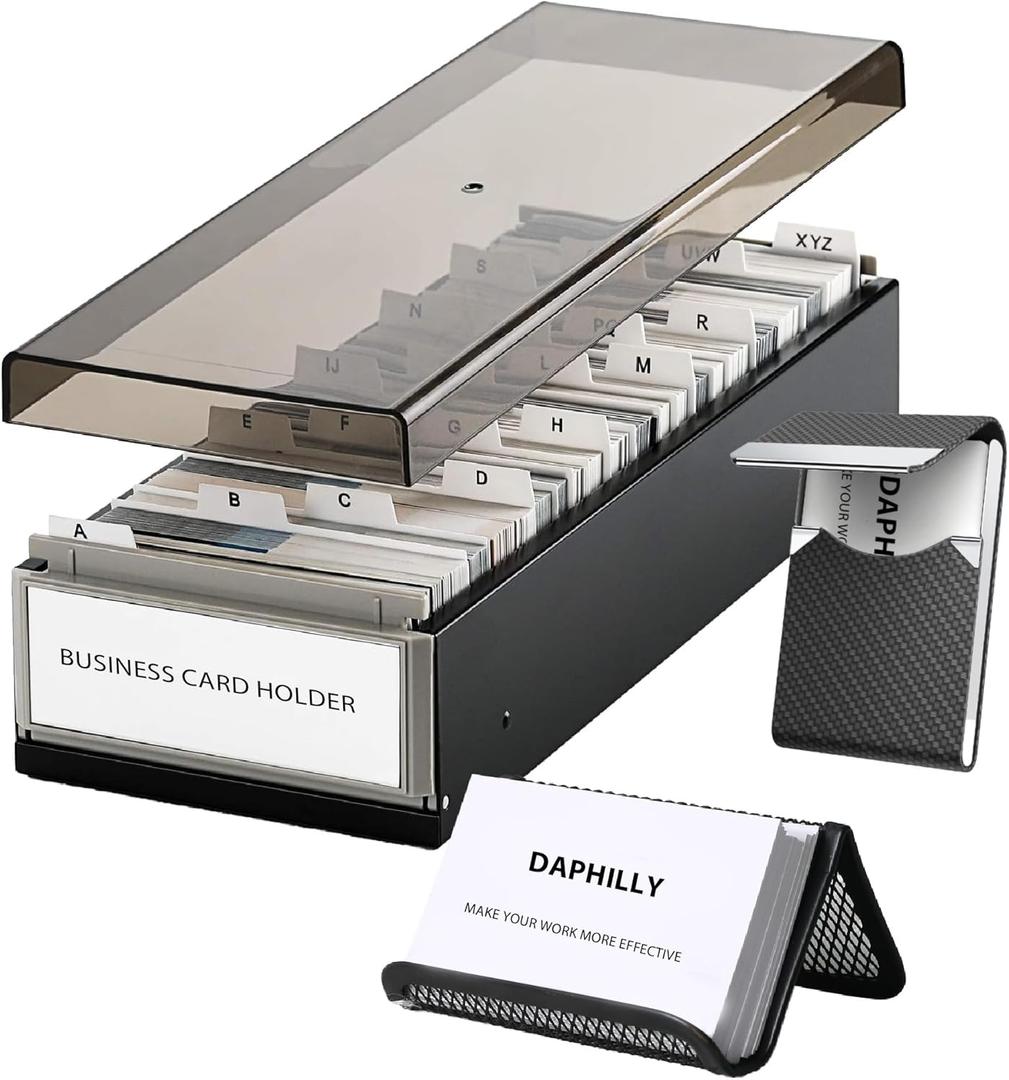 Business Card Holder for Desk, Business Card Holder Organizer, Credit Card Organizer Case File Index Card Box Storage,with A-Z Tabs, Storage up to 800 Cards (3.5 x 2.2), Metal Structure