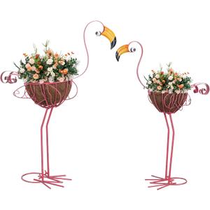 hogardeck Garden Decor for Outside, Set of 2 Pink Flamingo Planters with Basket, Metal Standing Flamingo Plant Pots Yard Art for Home Indoor Outdoor Garden Porch Lawn Patio Pool