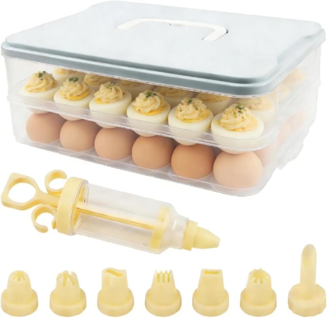 Deviled Egg Containers with Lid & Handle, (Set of 2),Plastic Deviled Egg Carrier for 48 Eggs, Clear Stackable Storage Tray for Eggs, Cookies - Portable Platter for Picnic, Party