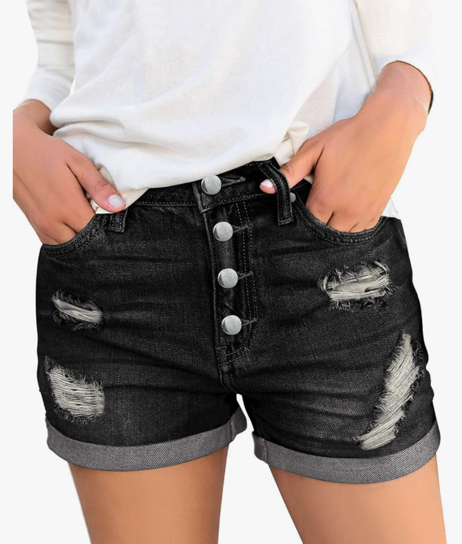 luvamia Women's Ripped High Waisted Denim Shorts Stretchy Cuffed Hem Jean Shorts, Size XL
