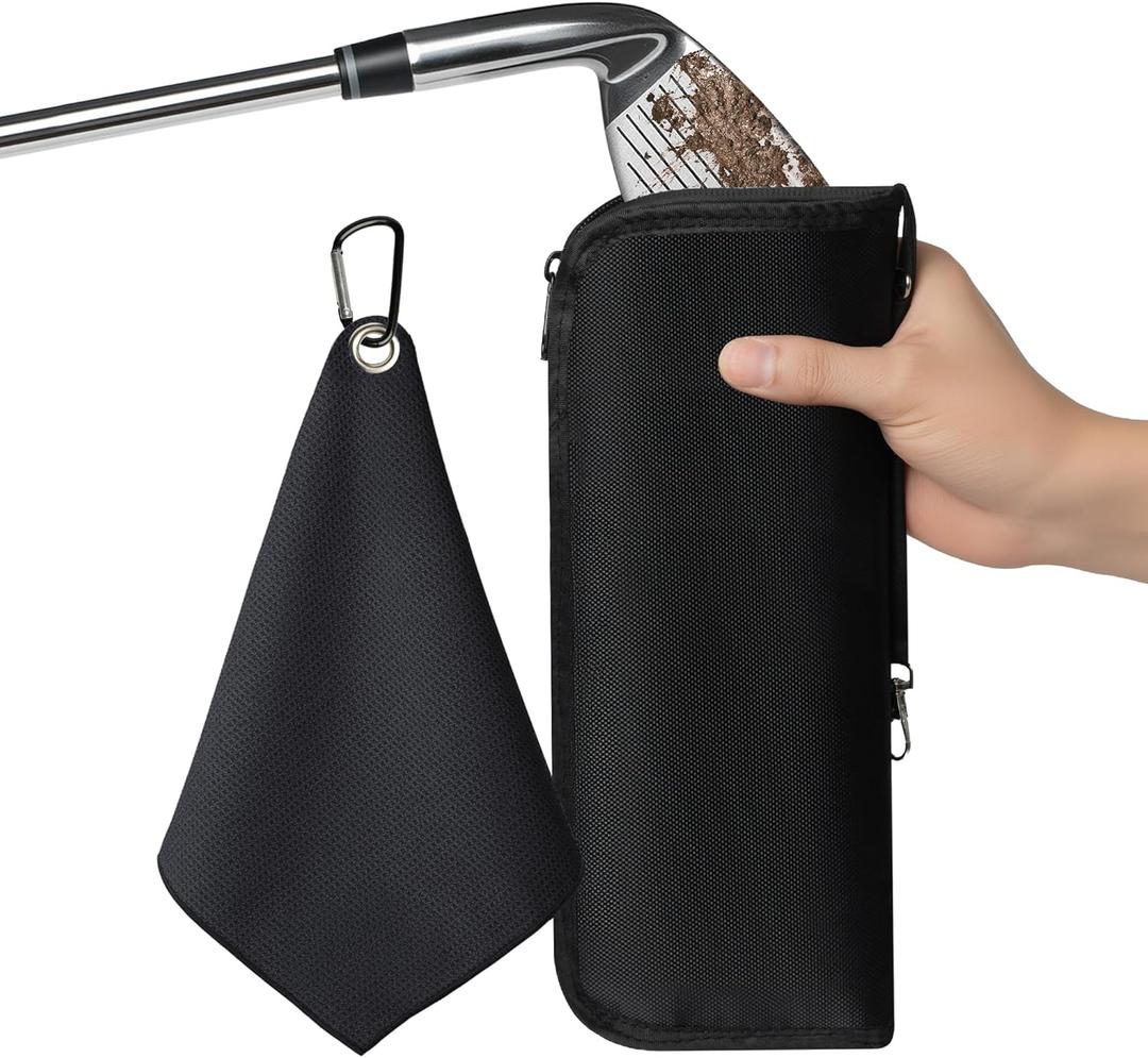 Golf Club and Golf Boll Cleaner Bag, Golf Ball Cleaner Pouch with 1 Pack Golf Ball Towel, Waterproof Outside, Clean Inside  Liner Technology, Machine Washable (Black)