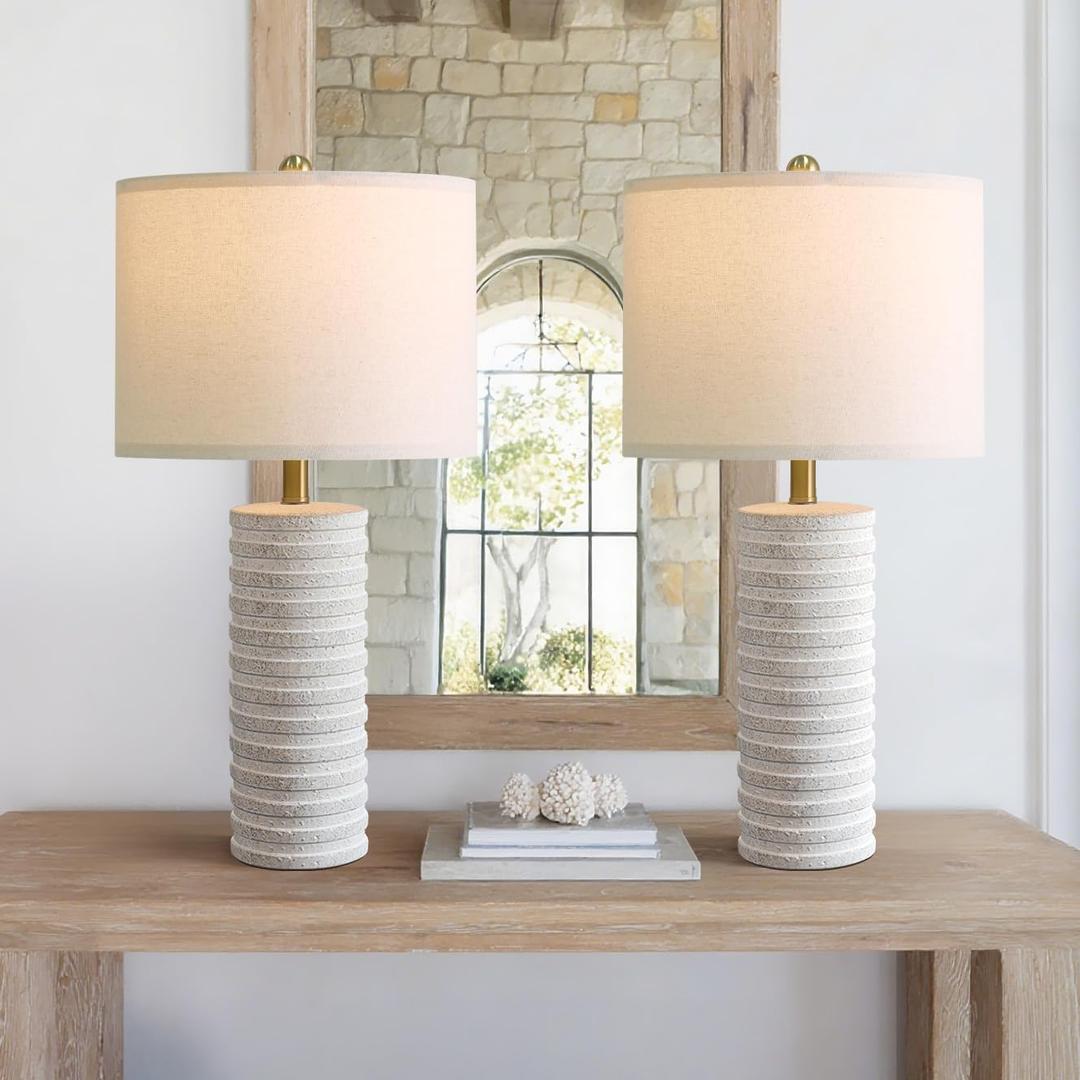 PoKat 27" Stone-Like Farmhouse Ceramic Table Lamps Set of 2 for Bedroom, Rustic Nightstands Lamps for Night Stands, Distressed Neutral Bedside Lamps with Natural Textured for Living Room, Home Decor