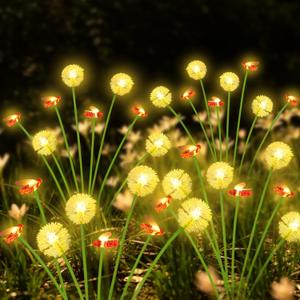 Solar Garden Lights Outdoor, 4 Pack 32 LED, Solar Swaying Dandelion Bee Lights Waterproof, Swaying Firefly Lights for Yard Pathway Lawn Patio Decorations, 2 modes (Steady on, Slow Twinkle), Warm White