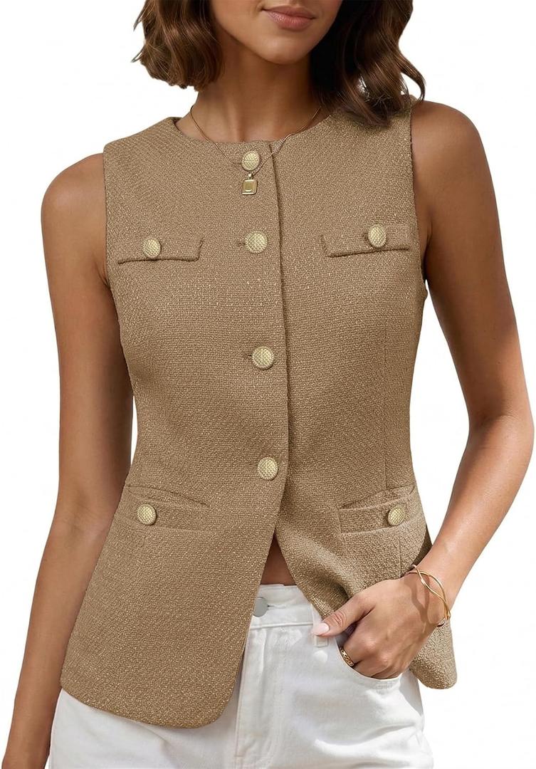 Mina Self 2026 Summer Women's Sleeveless Tweed Vest Tops - Button Front Fully-Lined Work Casual Blazer with Pockets M