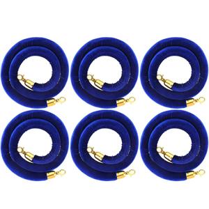 Woanger 6 Pack Velvet Stanchion Rope, 5 Feet Crowd Control Stanchion Ropes Safety Barrier with Gold Plated Hook for Carpet Events Movie Theaters Grand Openings Hotels Party(Blue)